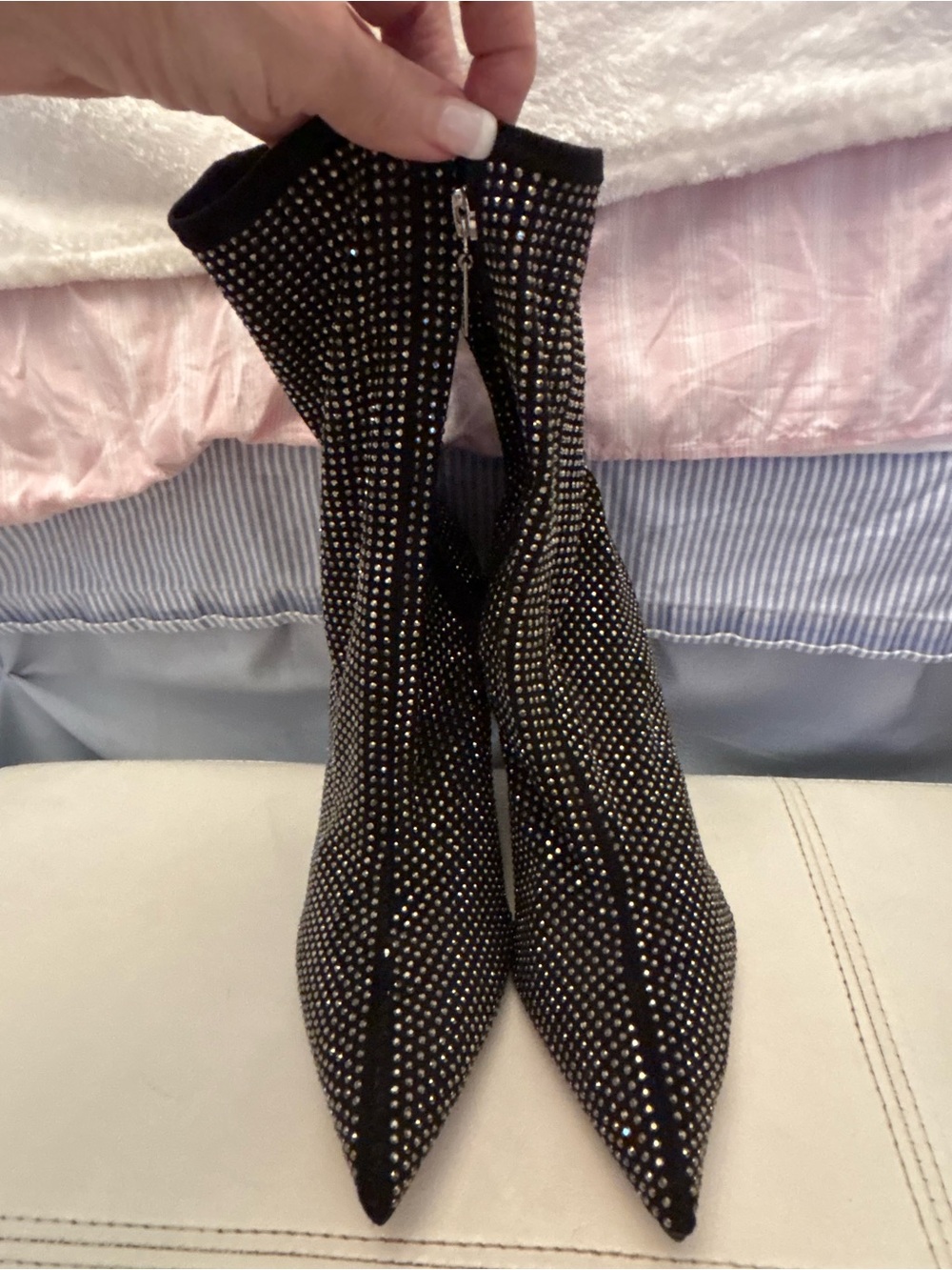 Crystal-Embellished Black Pointed Sock Booties